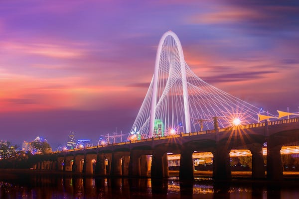 Margaret Hunt Hill Bridge at twilight in Dallas