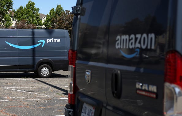 The Amazon Prime logo is displayed on the side of an Amazon delivery truck on June 21, 2023 in Richmond, California. 