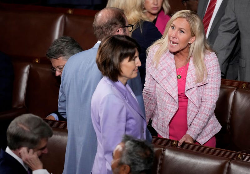 U.S. Rep. Marjorie Taylor Greene (R-GA) talks with fellow Representatives as they wait for an address by Indian Prime Minister Narendra Modi during a joint meeting of Congress at the U.S. Capitol on June 22, 2023 in Washington, DC. 