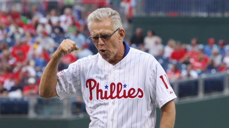 Former Philadelphia Phillies catcher Tim McCarver walks off the mound after throwing out the ceremonial first pitch before a game between the Philadelphia Phillies and the St. Louis Cardinals at Citizens Bank Park on August 11, 2012 in Philadelphia, Pennsylvania.
