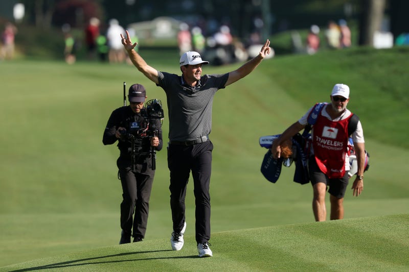 Vermont native Keegan Bradley reacts as he walks onto the 18th green during the final round of the Travelers Championship at TPC River Highlands on June 25, 2023 in Cromwell.