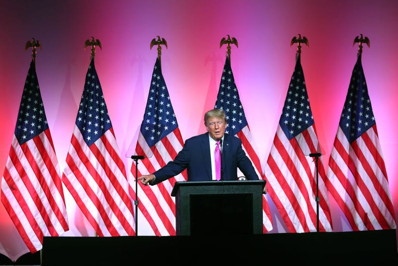 Former President Donald Trump speaks to guests at the Oakland County Republican Party's Lincoln Day dinner at Suburban Collection Showplace on June 25, 2023 in Novi, Michigan. Local Republicans were to present Trump with a "Man of the Decade" award at the event, which was expected to draw 2,500 people in his first visit to Michigan since launching his 2024 presidential bid.