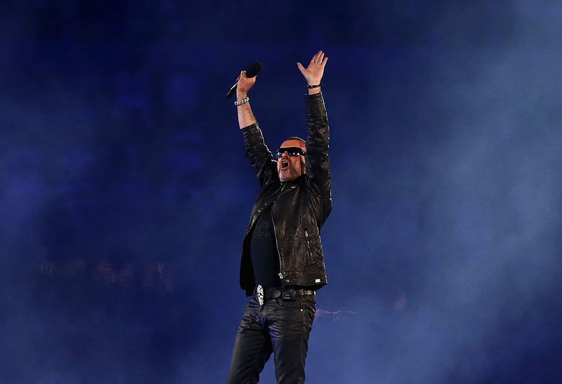 Singer George Michael performs during the Closing Ceremony on Day 16 of the London 2012 Olympic Games at Olympic Stadium on August 12, 2012 in London, England.
