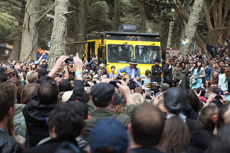 Musician Jack White (C) performs at the mobile Third Man Records stage near Choco Land onstage during Day 3 of the 2012 Outside Lands Music and Arts Festival at Golden Gate Park on August 12, 2012 in San Francisco, California.
