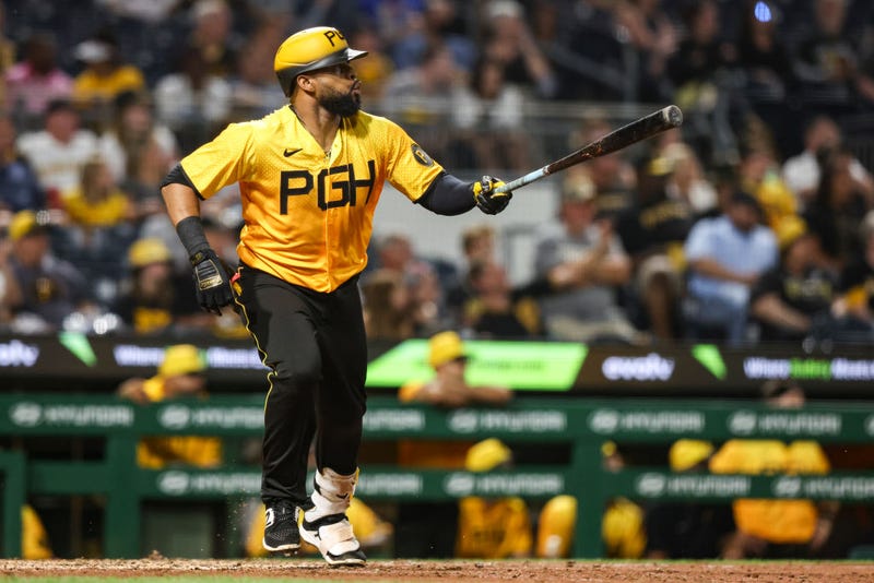 Carlos Santana #41 of the Pittsburgh Pirates hits an RBI double during the eighth inning of the game against the Milwaukee Brewers at PNC Park on June 30, 2023