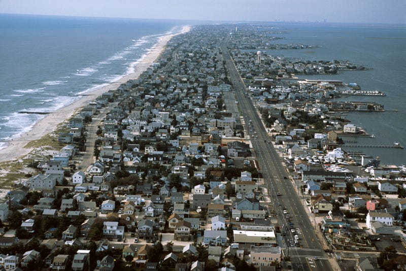 An aerial view of a housing development next to protected wetlands in Little Egg Harbor, New Jersey. 
