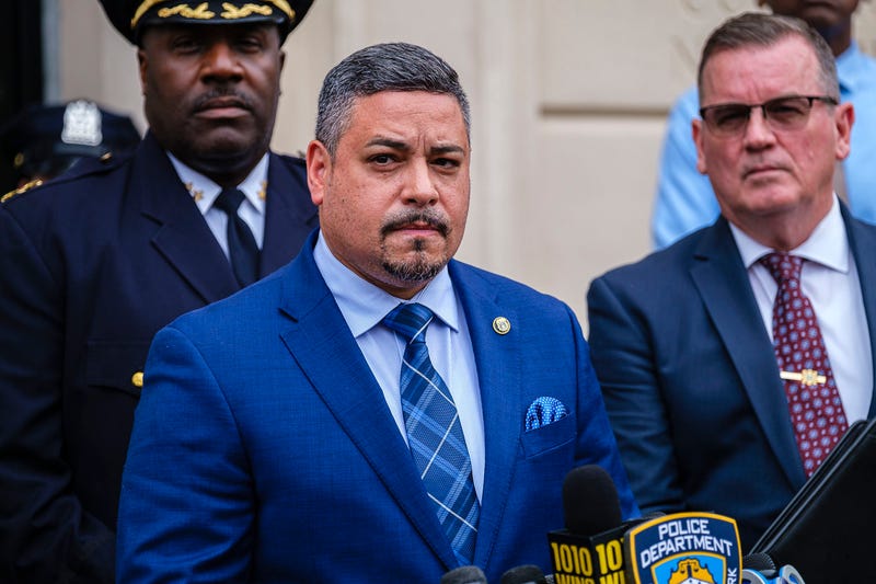 Acting NYPD Commissioner Edward Caban speaks during a news conference at the 102nd Precinct in Richmond Hill, Queens, on July 8, 2023