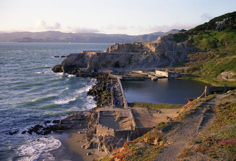 The Sutro Baths landmark in San Francisco, close to sunset.