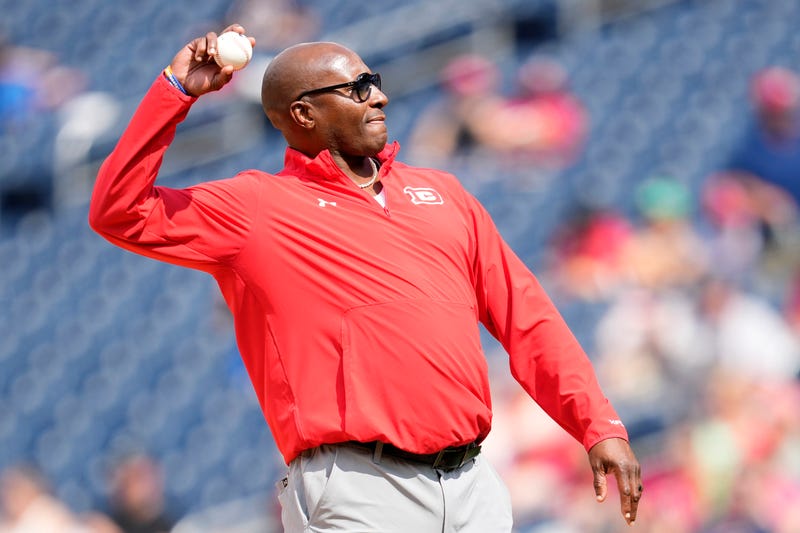 DC Defenders HC Reggie Barlow throws out a first pitch at Nats Park.