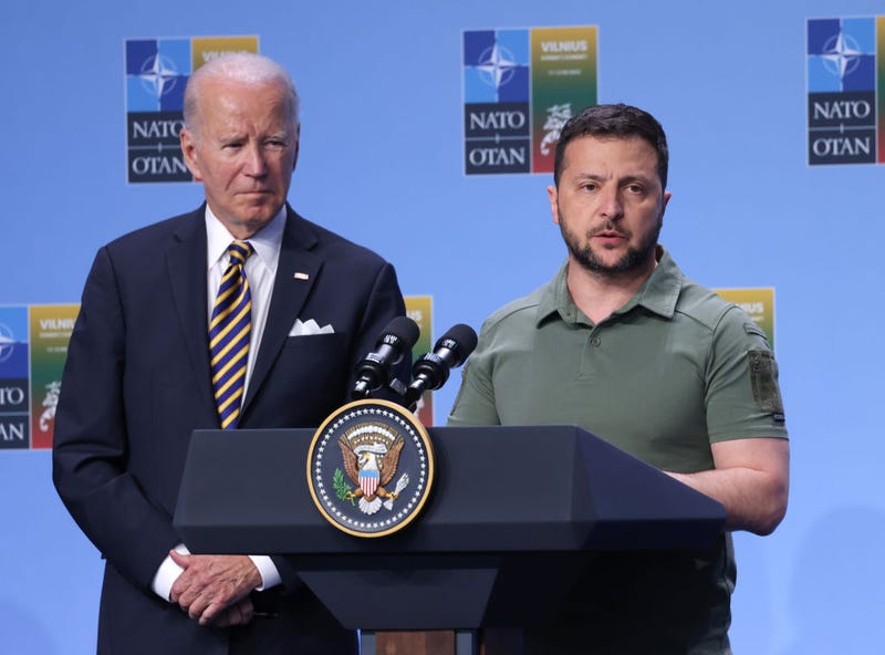 Ukrainian President Volodomyr Zelensky (R) speaks at the announcement of the G7 nations' joint declaration for the support of Ukraine as U.S. President Joe Biden looks on on July 12, 2023 in Vilnius, Lithuania. The event took place at the 2023 NATO Summit. (Photo by Sean Gallup/Getty Images)