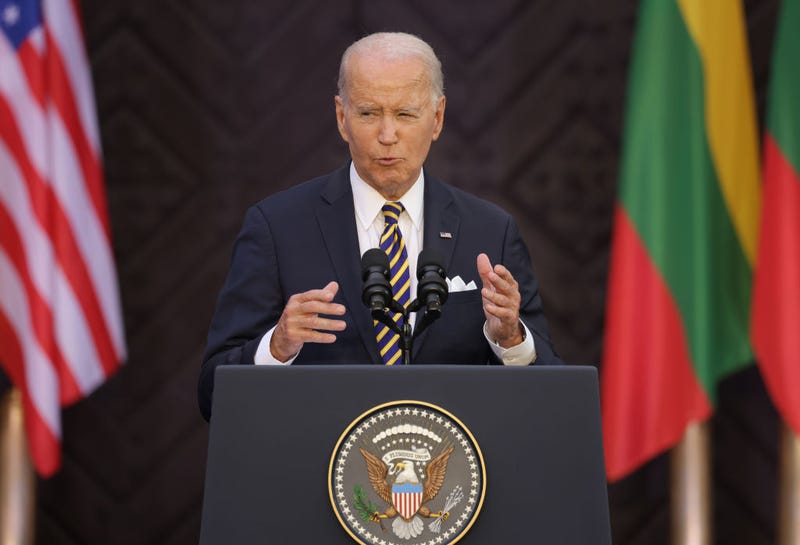 President Joe Biden speaks to a crowd at Vilnius University on July 12, 2023 in Vilnius, Lithuania. Biden, who was in Vilnius to participate in the 2023 NATO Summit, lauded Lithuania and the Baltic countries for attaining freedom following the collapse of the Soviet empire. (Photo by Sean Gallup/Getty Images)