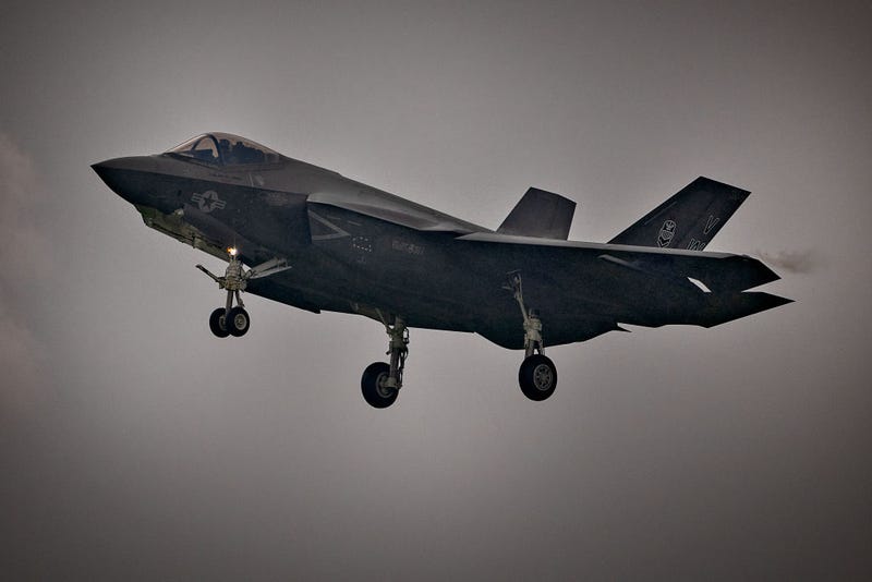 An F-35 Lightning fighter jet prepares to land during the bi-annual Marine Aviation Support Activity (MASA) 23 at the airport of a former US naval base on July 13, 2023 in Subic Bay, Philippines.