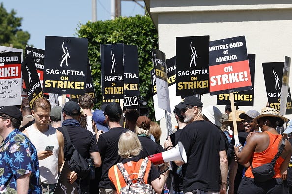 Members Of SAG-AFTRA join the WGA 0n Strike In Los Angeles, picketing outside Paramount Studios, CA on July 14, 2023 in Los Angeles, California.