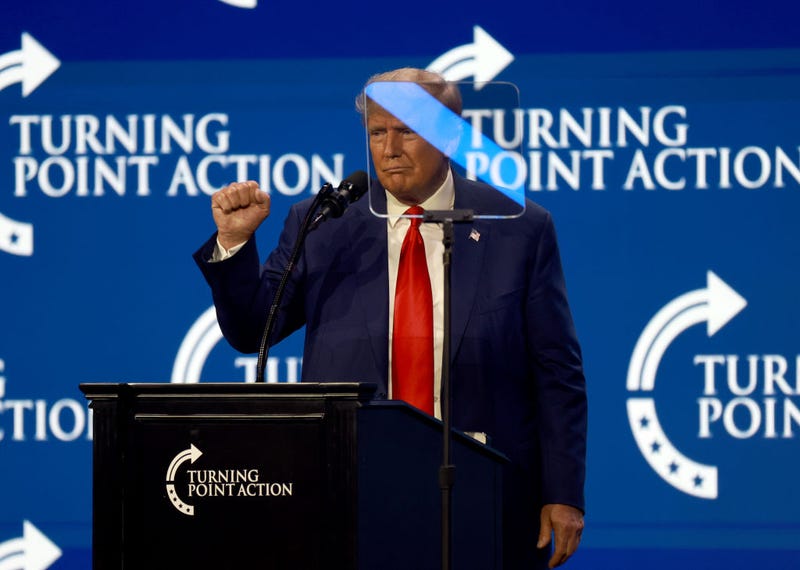 Former President Donald Trump speaks at the Turning Point Action conference as he continues his 2024 presidential campaign on July 15, 2023 in West Palm Beach, Florida. Trump spoke at the event held in the Palm Beach County Convention Center. (Photo by Joe Raedle/Getty Images)