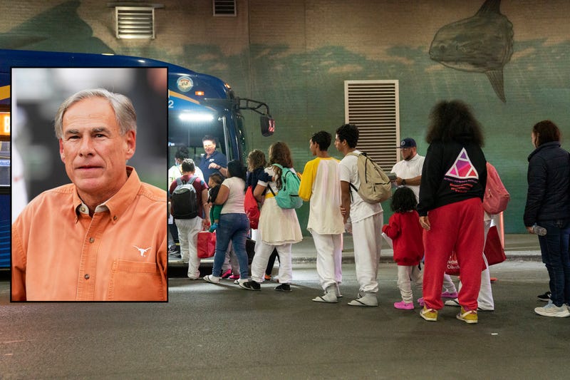 Texas Gov. Greg Abbott (inset) visited New York City on Wednesday, calling the flow of migrants into the city "unsustainable" and blaming Joe Biden for the crisis