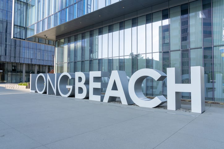 Close up of Long Beach ground sign at City Hall in Long Beach, Los Angeles County, California, United States on May 27, 2023.