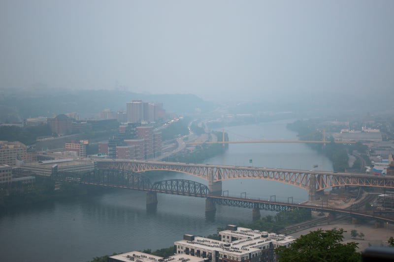 View of Monongahela River with poor air quality and haze
