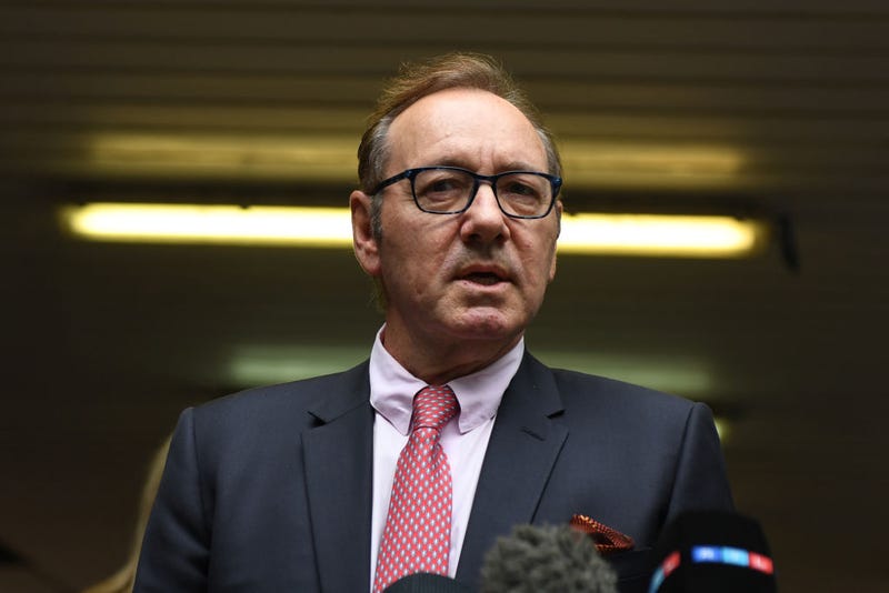 evin Spacey speaks to press after leaving court at Southwark Crown Court on July 26, 2023 in London.