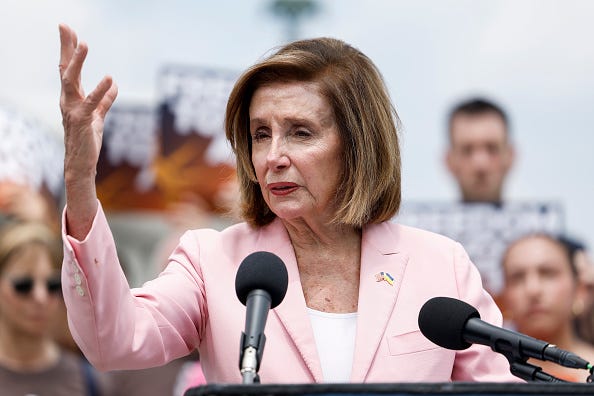 Rep. Nancy Pelosi (D-CA) speaks at a press conference on the reintroduction of the Freedom to Vote Act, outside the U.S. Capitol Building on July 20, 2023 in Washington, DC.