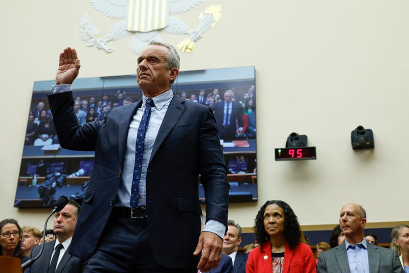 Democratic presidential candidate Robert F. Kennedy Jr. holds his right hand up as he is sworn in for a hearing with the House Judiciary Subcommittee on the Weaponization of the Federal Government on Capitol Hill on July 20, 2023 in Washington, DC. Members of the committee held the hearing to discuss instances of the U.S. government's alleged censoring of citizens, political figures and journalists. (Photo by Anna Moneymaker/Getty Images)