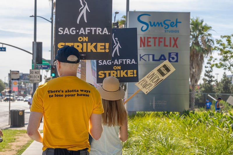 Members of SAG-AFTRA and WGA go on strike at Netflix, Sunset Gower and Paramount Studios on July 21, 2023 in Los Angeles, California.