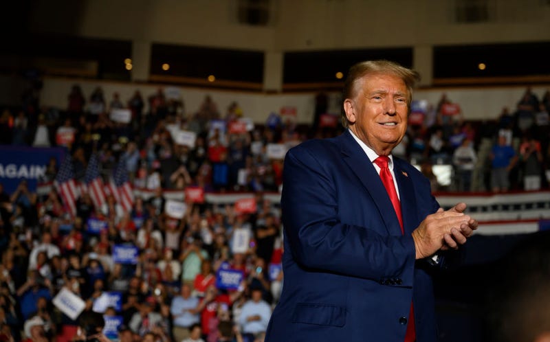ERIE, PENNSYLVANIA - JULY 29: Former U.S. President Donald Trump leaves after speaking to supporters during a political rally while campaigning for the GOP nomination in the 2024 election at Erie Insurance Arena on July 29, 2023 in Erie, Pennsylvania. (Photo by)