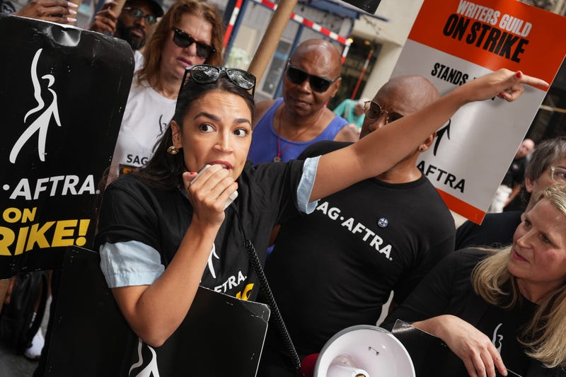 Alexandria Ocasio-Cortez (D-NY) joins the picket line as the SAG-AFTRA Actors Union Strike continues in front of Netflix on July 24, 2023 in New York City.