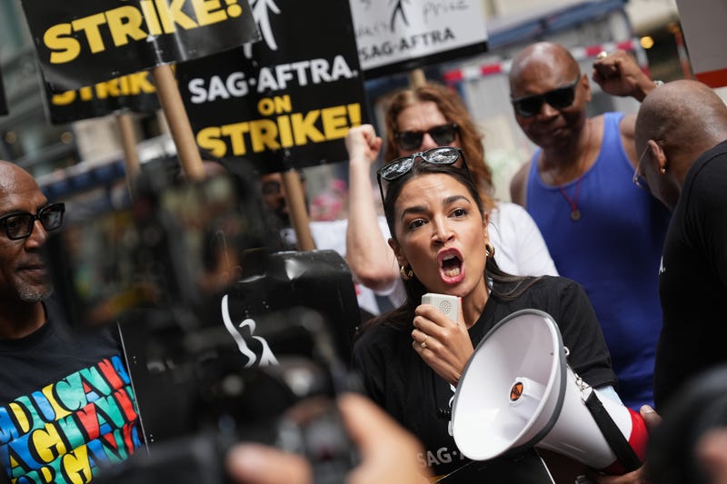 Alexandria Ocasio-Cortez (D-NY) joins the picket line as the SAG-AFTRA Actors Union Strike continues in front of Netflix on July 24, 2023 in New York City.