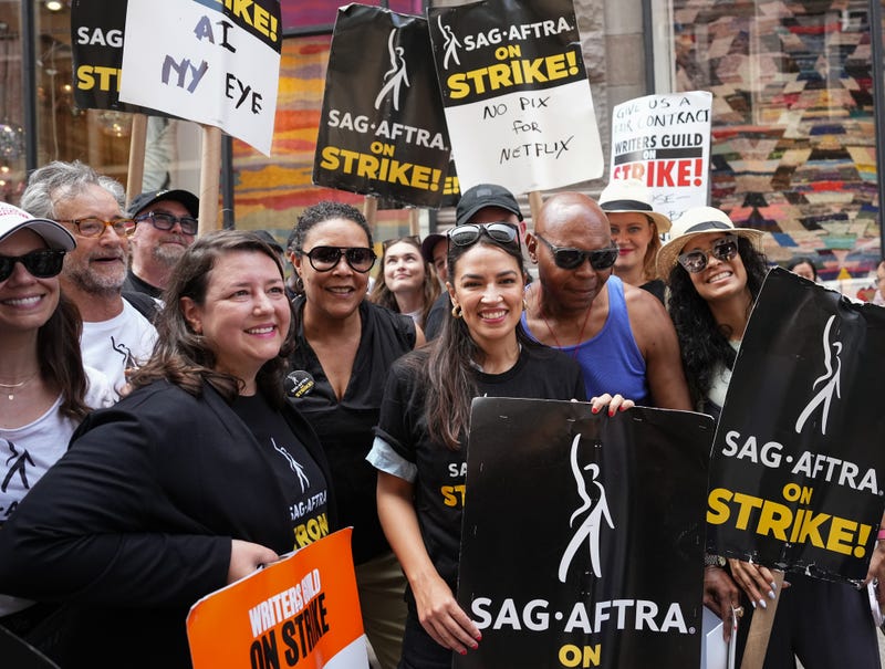 Alexandria Ocasio-Cortez (D-NY) joins the picket line as the SAG-AFTRA Actors Union Strike continues in front of Netflix on July 24, 2023 in New York City.