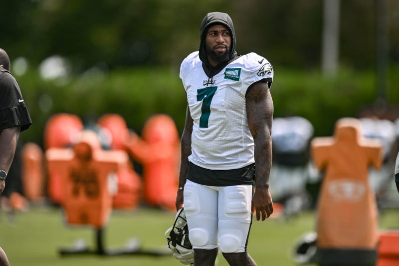 Philadelphia Eagles linebacker Haason Reddick (7) looks on during Philadelphia Eagles training camp on Aug. 1, 2023, at the NovaCare Complex in Philadelphia.