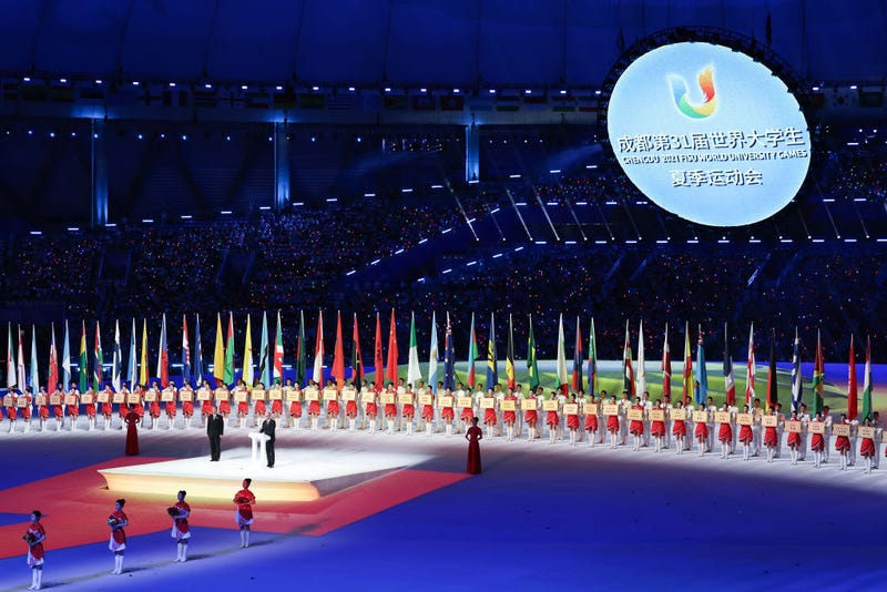 FISU Acting President Leonz Eder speaks during the 2023 Summer Universiade Opening Ceremony at Dong'an Lake Sports Park Stadium on July 28, 2023