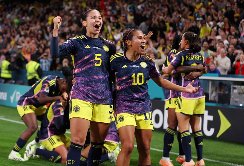  Lorena Bedoya Durango and Leicy Santos of Colombia celebrate the team's second goal scored by teammate Manuela Vanegas of Colombia (not in frame) during the FIFA Women's World Cup Australia & New Zealand 2023 Group H match between Germany and Colombia at Sydney Football Stadium on July 30, 2023 in Sydney, Australia.