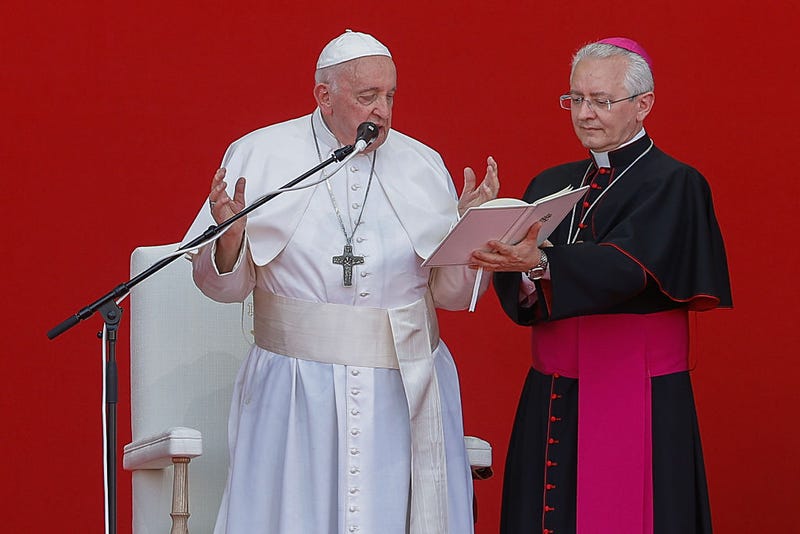 Pope Francis, adresses the volunteers during an encounter on the last day of WYD (World Youth Day) on August 6, 2023 in Alges, Oeiras, Portugal. 