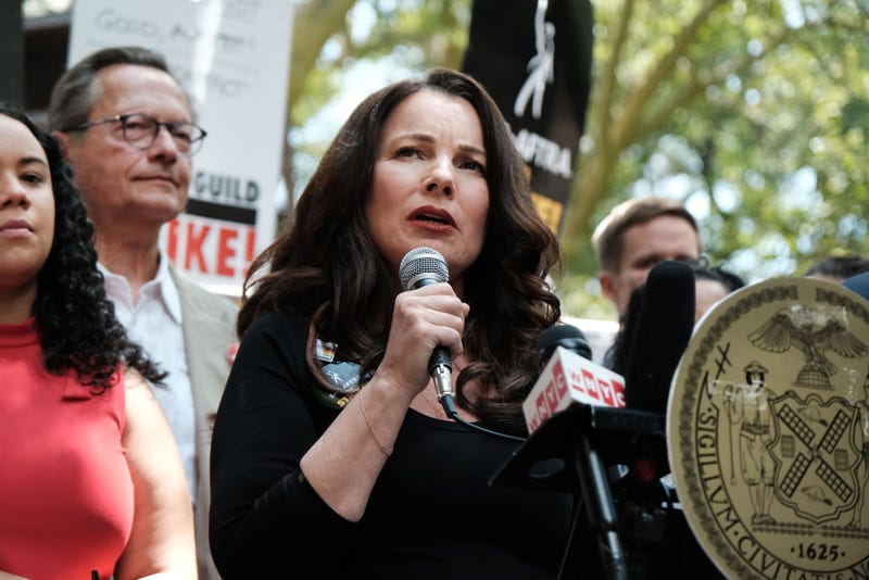 SAG-AFTRA President Fran Drescher addresses picketers at New York City Hall on Tuesday as members of the actors SAG-AFTRA union continue to walk the picket line with screenwriters outside of major studios across the country on August 01, 2023 in New York City. Drescher spoke ahead of a New York City Council hearing for resolutions backing the striking actors and writers.