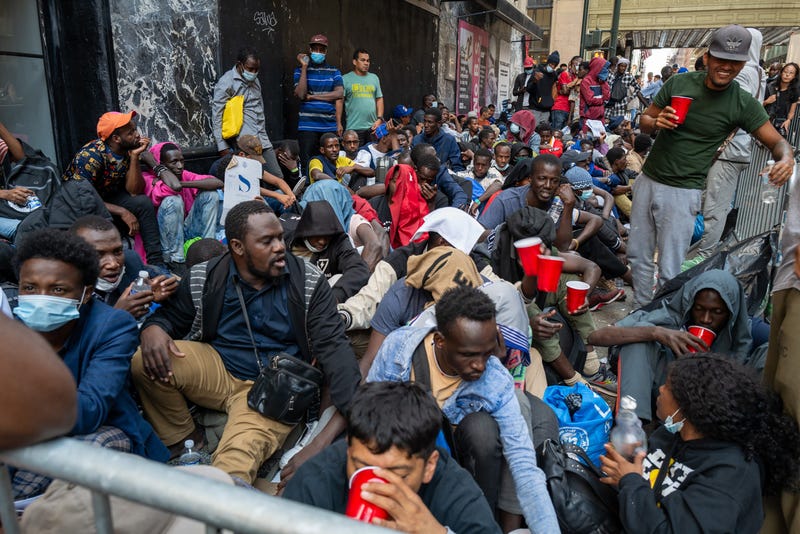 Dozens of recently arrived migrants to New York City camp outside of the Roosevelt Hotel on Aug. 1, 2023