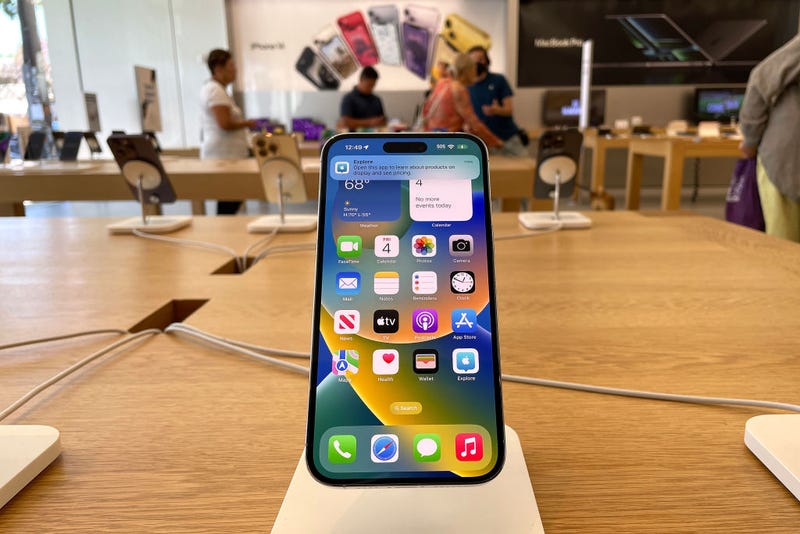 An Apple iPhone 14 is displayed at an Apple Store on August 04, 2023 in Berkeley, California.