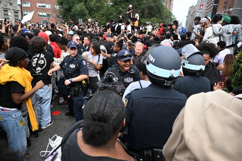 Members of the NYPD respond to the disruptions caused by large crowds in Union Square on Aug. 4, 2023