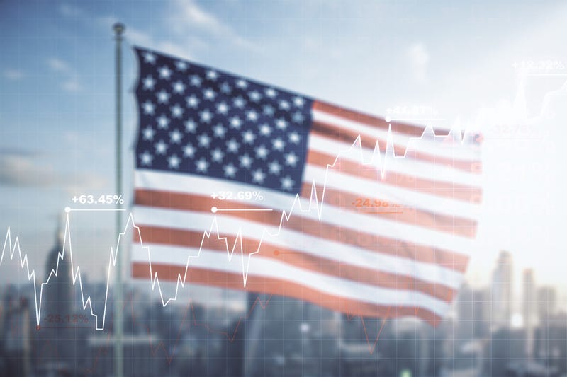 Multi exposure of virtual abstract financial graph interface on US flag and skyline background, financial and trading concept - stock photo