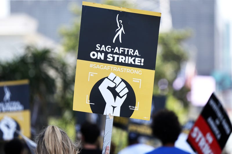 Striking SAG-AFTRA members picket with striking WGA (Writers Guild of America) workers outside Netflix on August 7, 2023 in Los Angeles, California. 