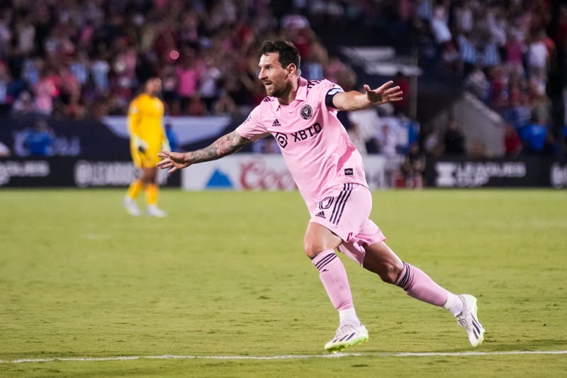Lionel Messi celebrates after scoring a goal on a free kick in the second half during the Leagues Cup 2023 Round of 16 match between Inter Miami CF and FC Dallas at Toyota Stadium on Aug. 6, 2023, in Frisco, Texas. 