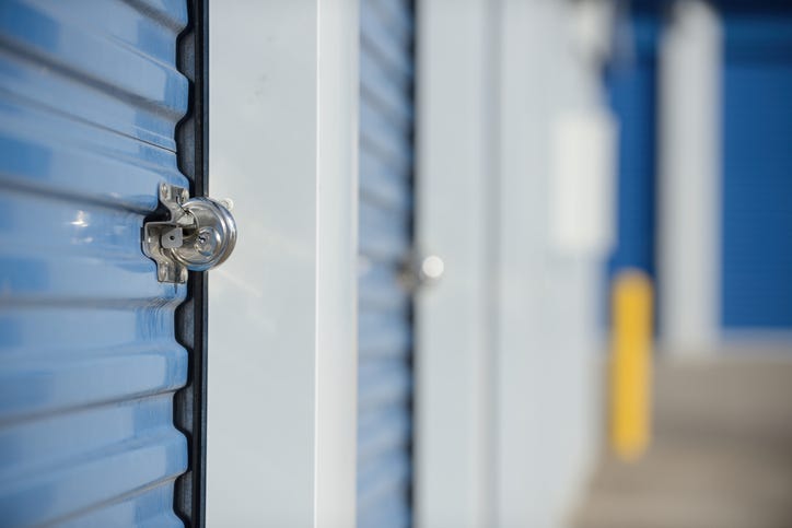 Close up on a storage unit lock.