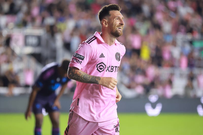 Lionel Messi, #10 of Inter Miami CF, celebrates after scoring a goal in the second half during the Leagues Cup 2023 quarterfinals match between Charlotte FC and Inter Miami CF at DRV PNK Stadium on Aug. 11, 2023, in Fort Lauderdale, Florida.