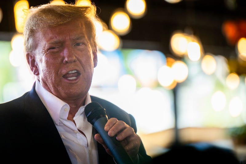 Republican presidential candidate and former U.S. President Donald Trump speaks during a rally at the Steer N' Stein bar at the Iowa State Fair on August 12, 2023 in Des Moines, Iowa.