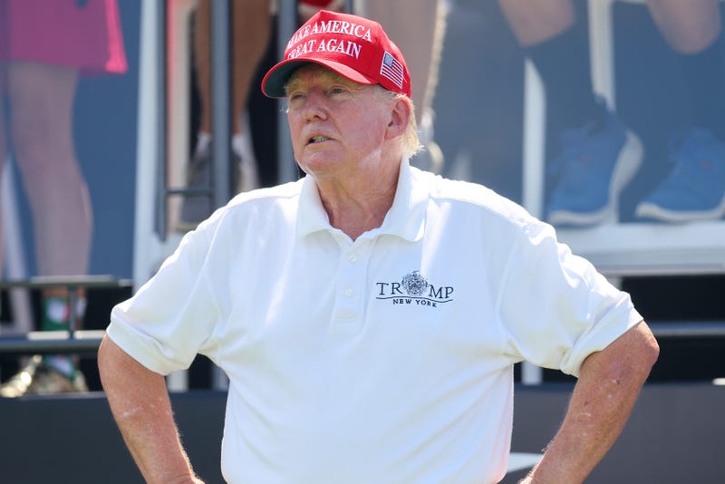 BEDMINSTER, NEW JERSEY - AUGUST 13: Former President Donald Trump looks on at hole one prior to the start of day three of the LIV Golf Invitational - Bedminster at Trump National Golf Club on August 13, 2023 in Bedminster, New Jersey. (Photo by Mike Stobe/Getty Images)