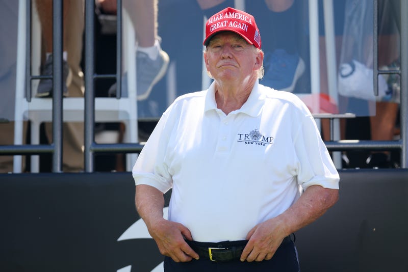 Former President Donald Trump looks on at the first tee prior to the start of Day Three of the LIV Golf Invitational - Bedminster at Trump National Golf Club on Aug. 13, 2023, in Bedminster, New Jersey.