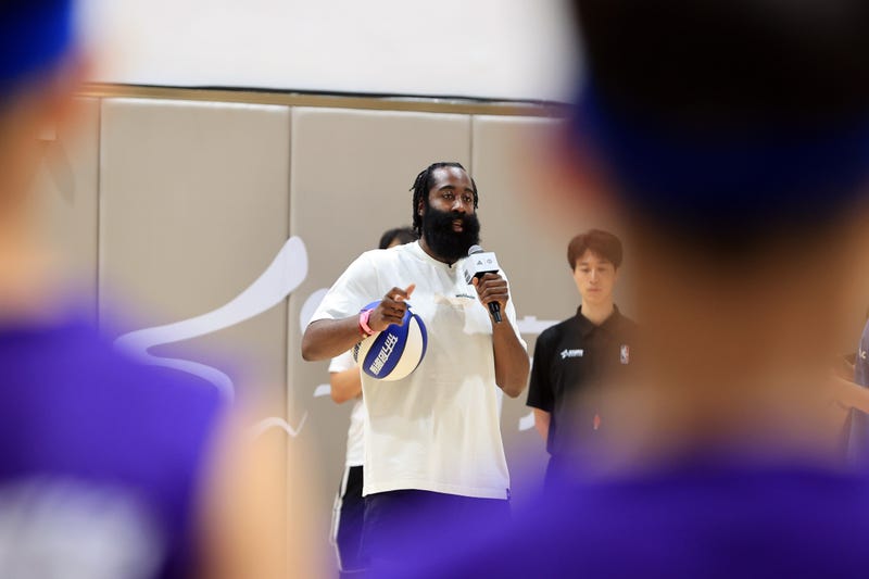 James Harden, American basketball player for the Philadelphia 76ers of the NBA, speaks during his China tour on Aug. 13, 2023, in Shanghai, China.