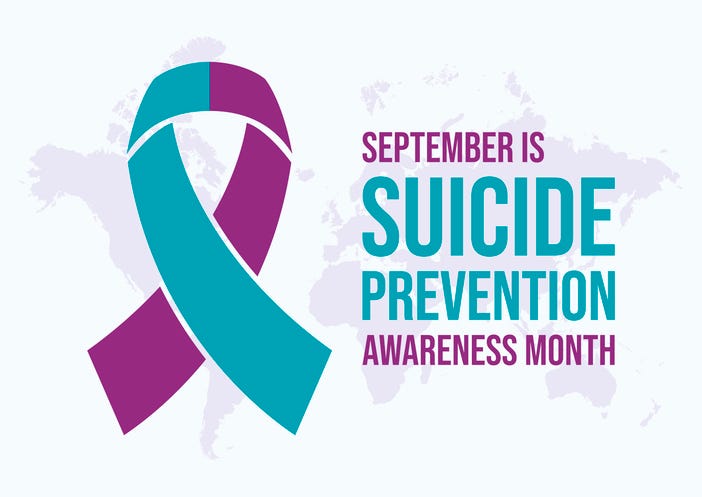 September is Suicide Prevention Awareness Month vector illustration with purple and teal ribbon