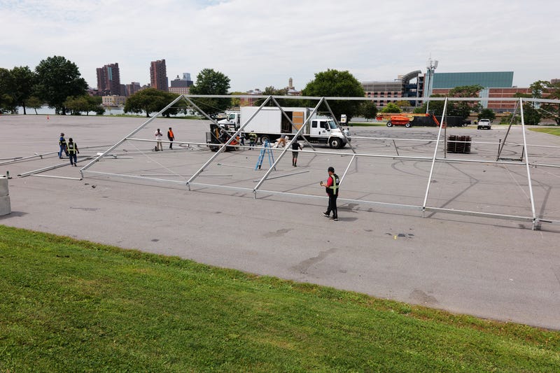 Construction starts on Randall's Island in New York City on a shelter for recently arrived migrants on Aug. 14, 2023