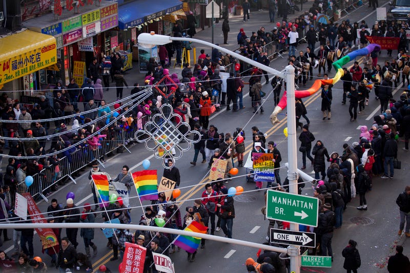 NEW YORK, NY - FEBRUARY 17: Supporters of Asian Pacific Islander LGBT Communities march with a rainbow-colored snake through New York's Chinatown during the 14th Annual Chinatown Lunar New Year Parade on February 17, 2013 in New York City. This year celebrates the Year of the Snake. (Photo by Michael Nagle/Getty Images)