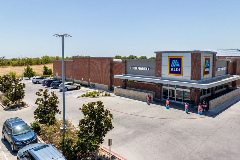 In an aerial view, an Aldi supermarket